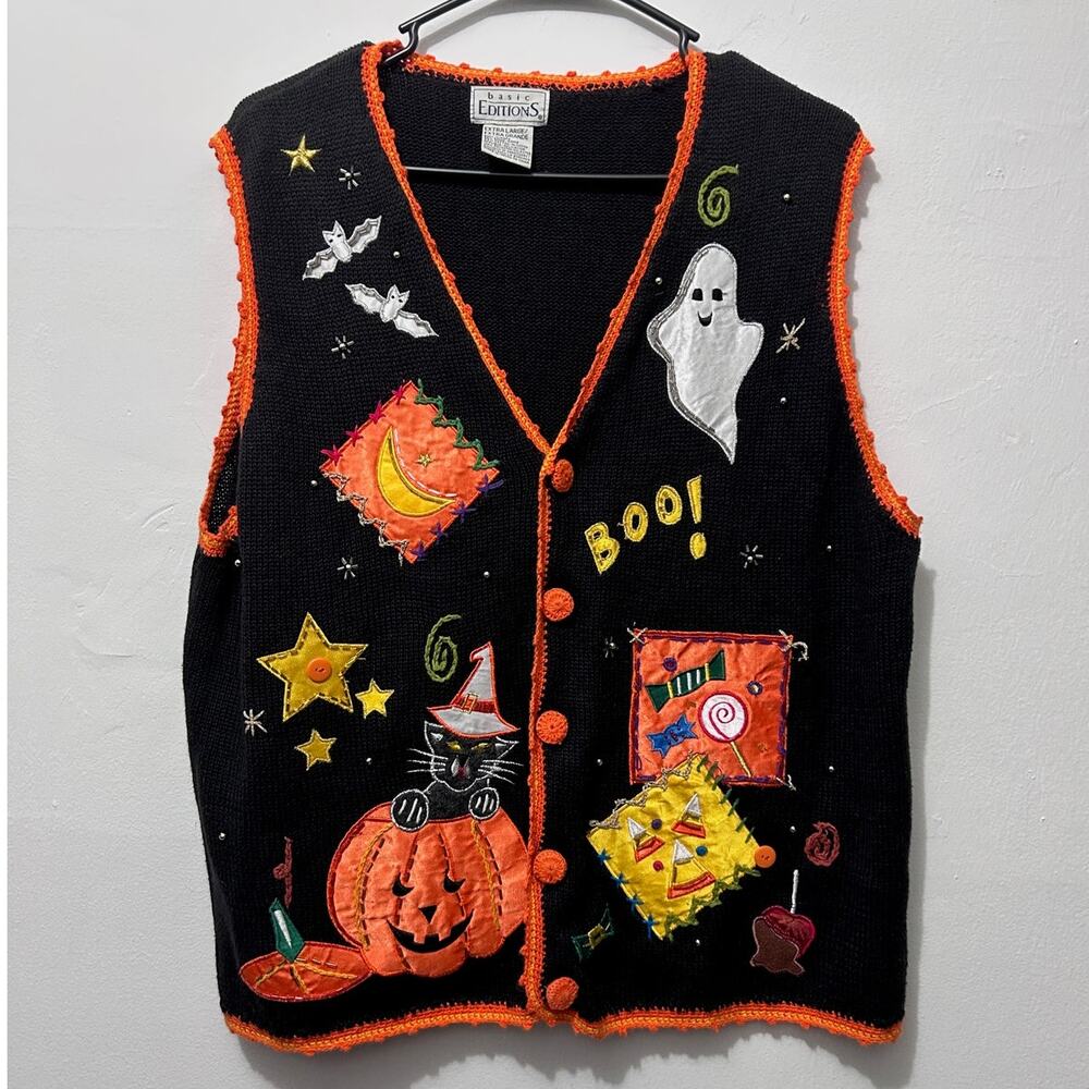 VTG Basic Editions Halloween Sweater Vest XL Blk Pumpkin Ghost Witch Cat Cottage - Picture 2 of 10